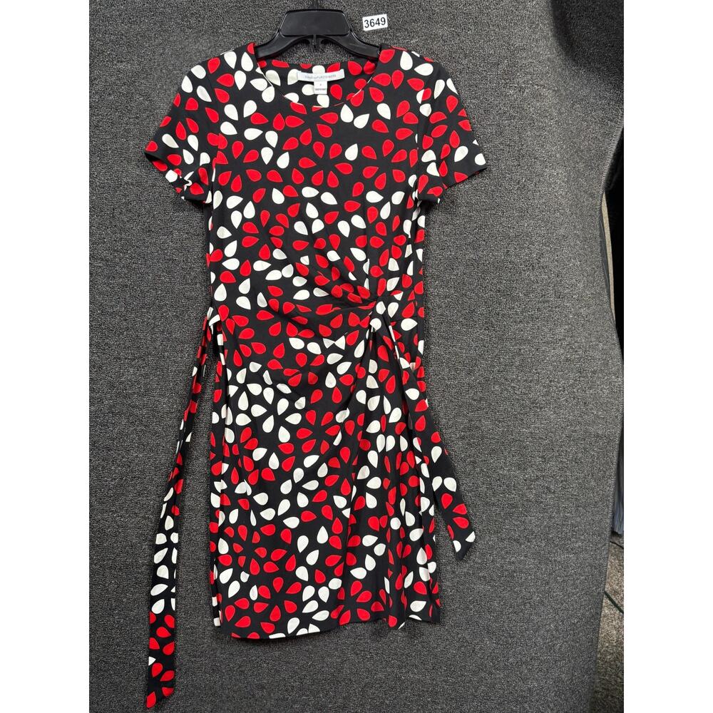 Diane von Furstenberg Dress Womens 4 Black Red White Floral Wrap Short Sleeve